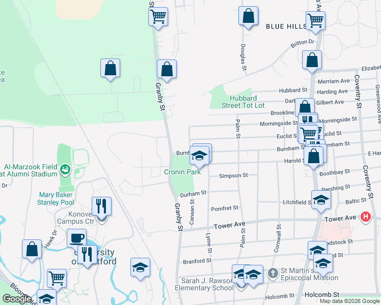 map of restaurants, bars, coffee shops, grocery stores, and more near 60 North Canaan Street in Hartford