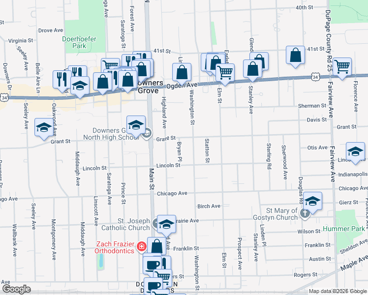 map of restaurants, bars, coffee shops, grocery stores, and more near 4513 Bryan Place in Downers Grove