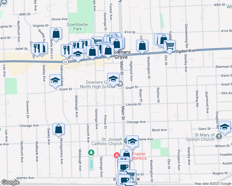 map of restaurants, bars, coffee shops, grocery stores, and more near 4436 Main Street in Downers Grove