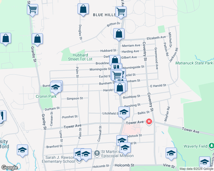 map of restaurants, bars, coffee shops, grocery stores, and more near 39 Burnham Street in Hartford