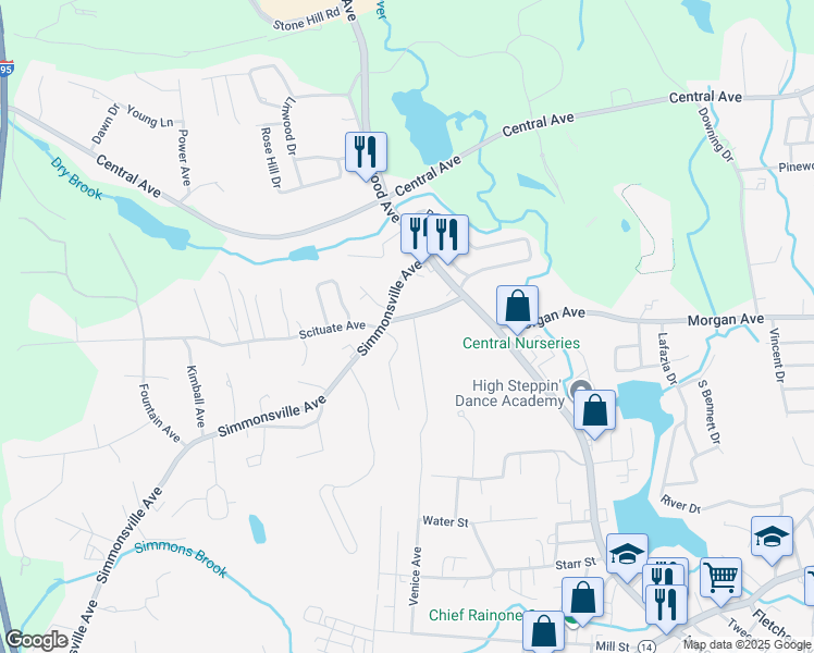 map of restaurants, bars, coffee shops, grocery stores, and more near 42 Scituate Avenue in Johnston