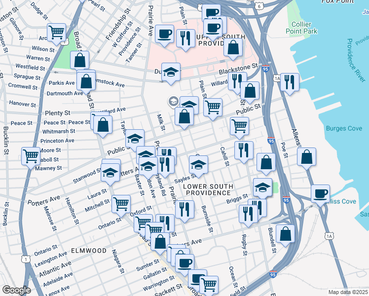 map of restaurants, bars, coffee shops, grocery stores, and more near 38 Burnside Street in Providence