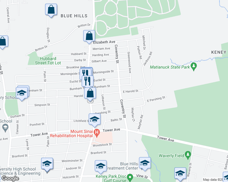 map of restaurants, bars, coffee shops, grocery stores, and more near 74 East Harold Street in Hartford