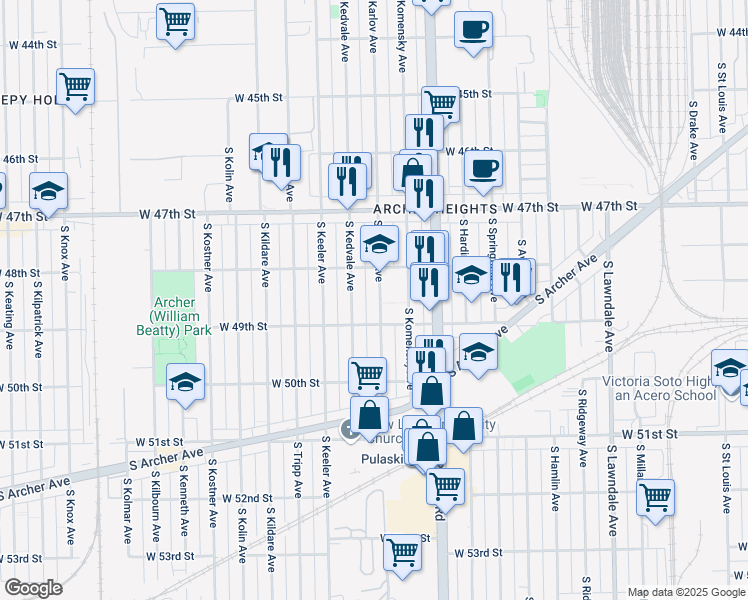 map of restaurants, bars, coffee shops, grocery stores, and more near 4834 South Karlov Avenue in Chicago