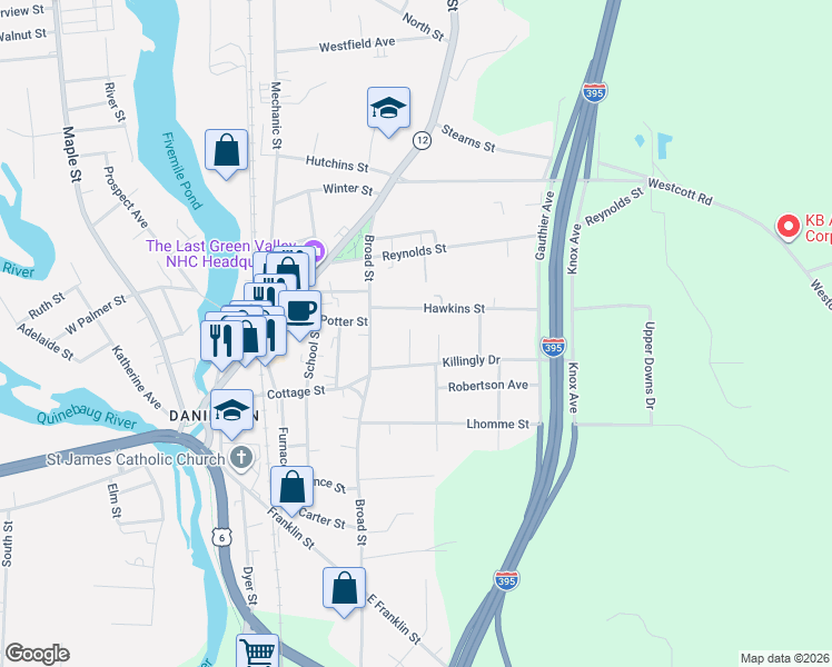 map of restaurants, bars, coffee shops, grocery stores, and more near 25 Joan Street in Killingly
