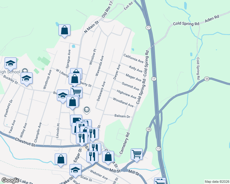 map of restaurants, bars, coffee shops, grocery stores, and more near 77 Dwyer Avenue in Liberty