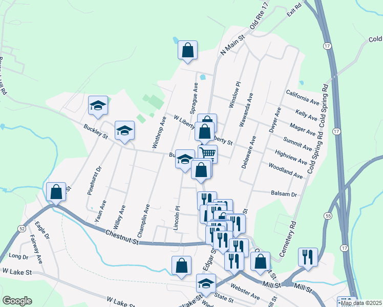 map of restaurants, bars, coffee shops, grocery stores, and more near 296 North Main Street in Liberty