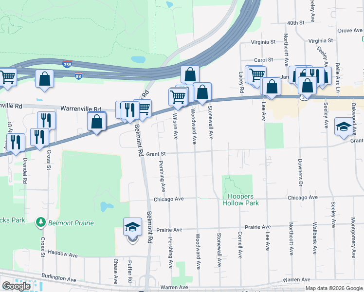 map of restaurants, bars, coffee shops, grocery stores, and more near 4446 Wilson Avenue in Downers Grove