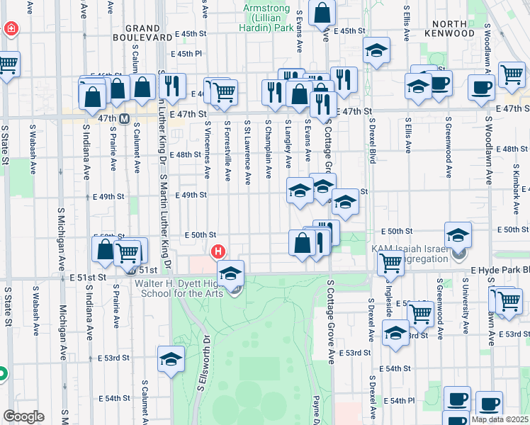map of restaurants, bars, coffee shops, grocery stores, and more near 4926 South Champlain Avenue in Chicago