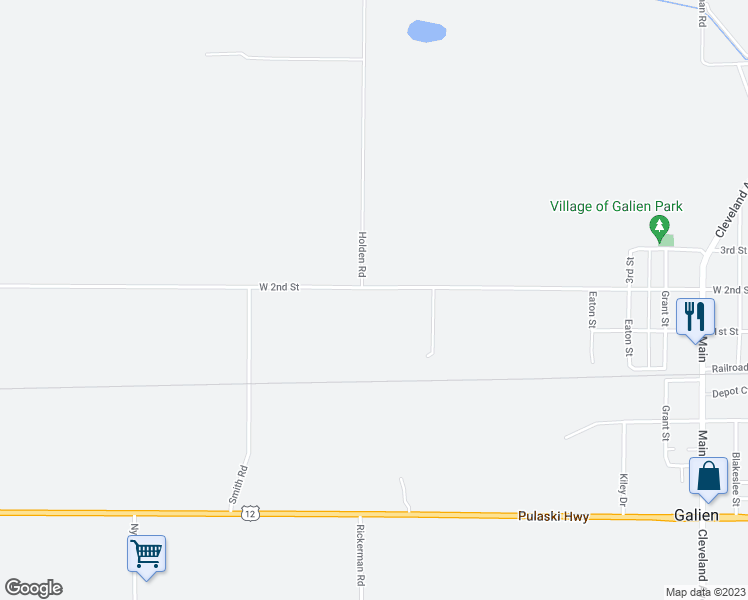 map of restaurants, bars, coffee shops, grocery stores, and more near 2486 West 2nd Street in Galien