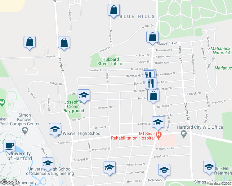 map of restaurants, bars, coffee shops, grocery stores, and more near 105 Burnham Street in Hartford