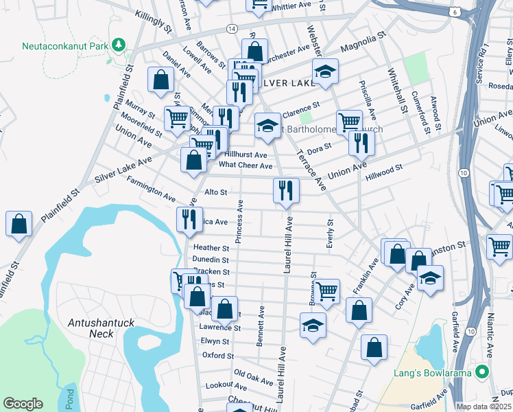 map of restaurants, bars, coffee shops, grocery stores, and more near 264 Farmington Avenue in Cranston