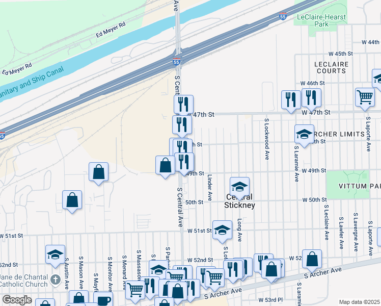 map of restaurants, bars, coffee shops, grocery stores, and more near 4812 S Luna Ave in Chicago