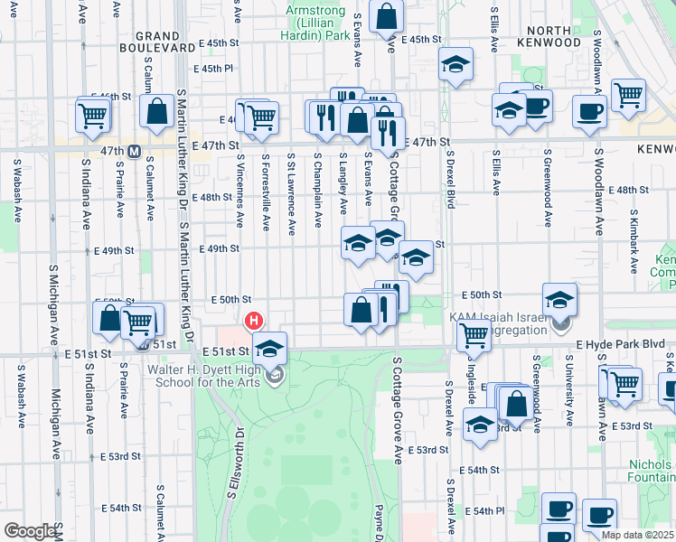 map of restaurants, bars, coffee shops, grocery stores, and more near 4928 South Langley Avenue in Chicago