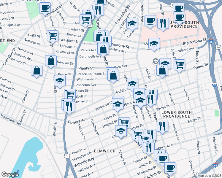 map of restaurants, bars, coffee shops, grocery stores, and more near 697 Broad Street in Providence