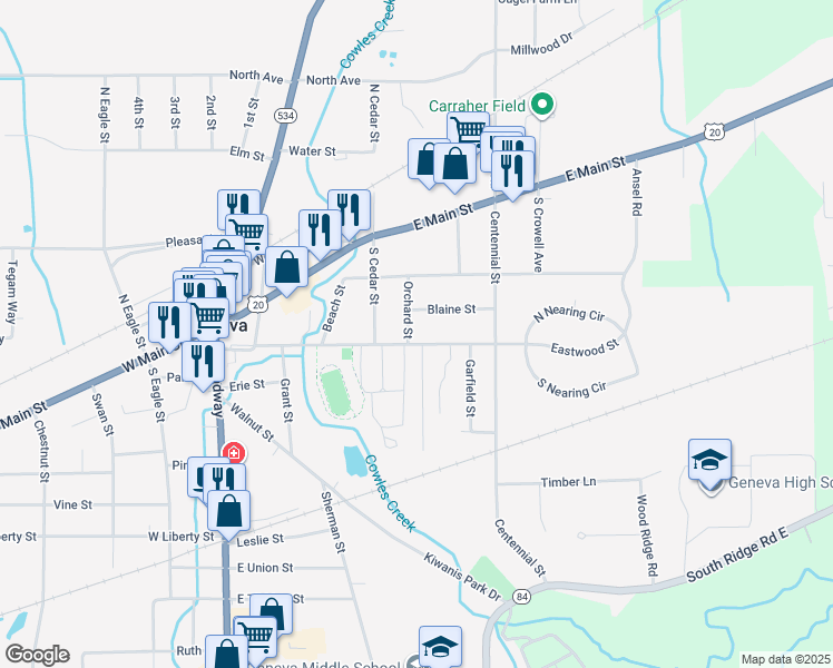 map of restaurants, bars, coffee shops, grocery stores, and more near 415 Eastwood St in Geneva