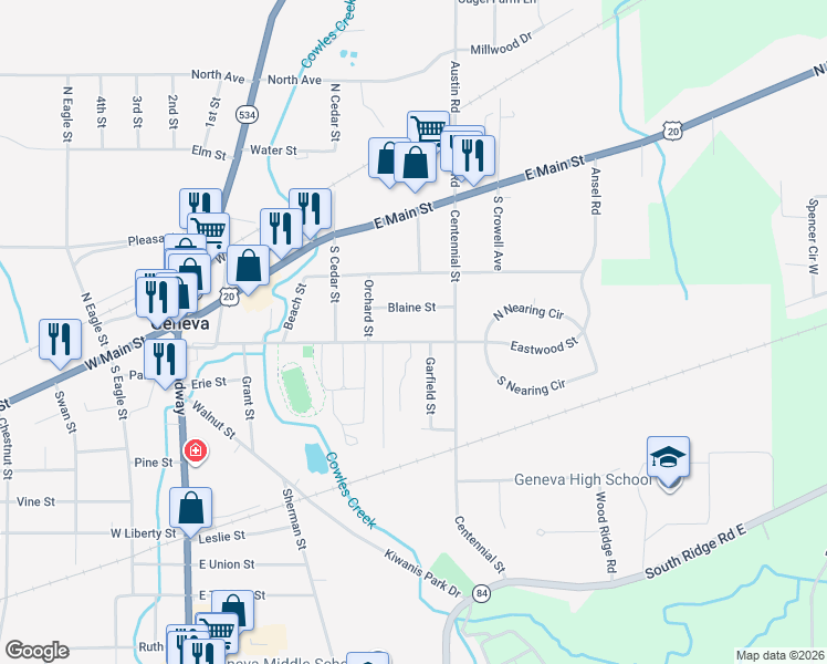 map of restaurants, bars, coffee shops, grocery stores, and more near 495 Eastwood Street in Geneva