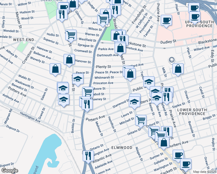 map of restaurants, bars, coffee shops, grocery stores, and more near 73 Moore Street in Providence