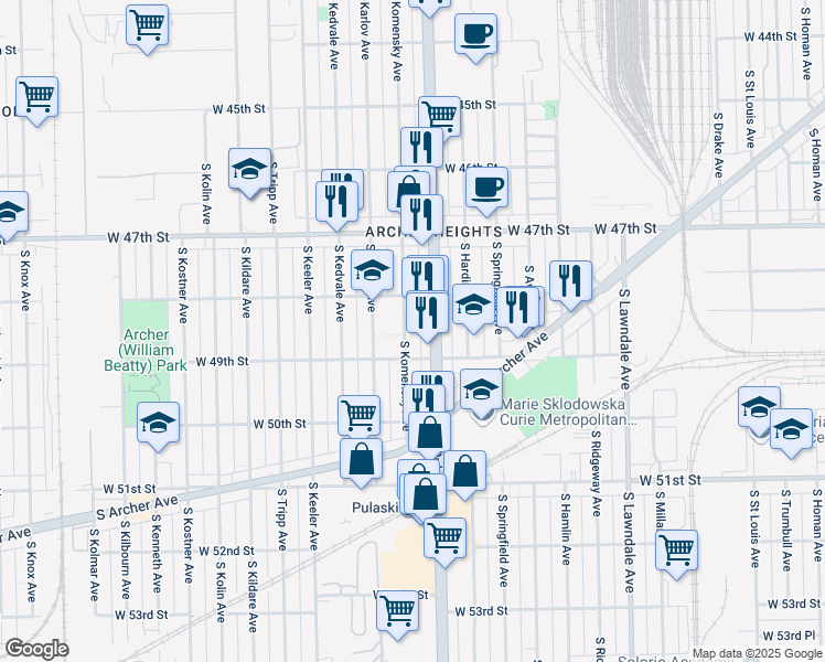 map of restaurants, bars, coffee shops, grocery stores, and more near 4835 South Komensky Avenue in Chicago