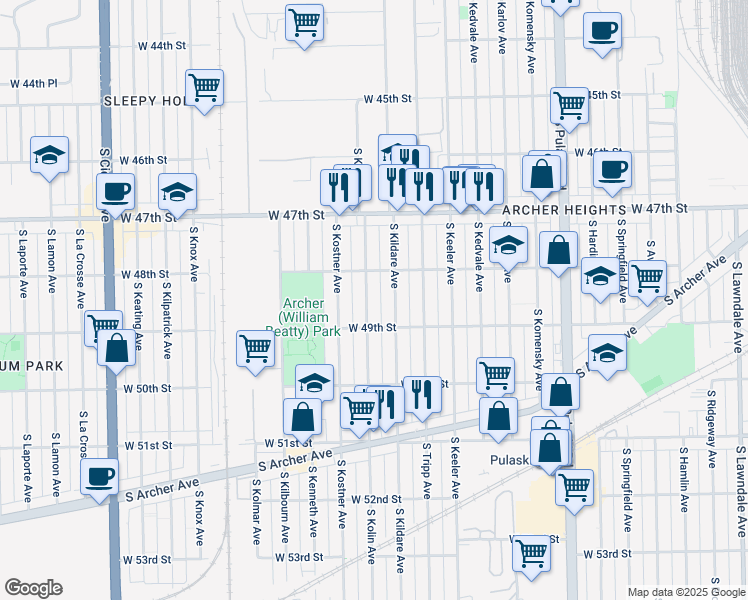 map of restaurants, bars, coffee shops, grocery stores, and more near 4831S South Kolin Avenue in Chicago
