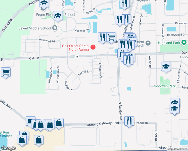 map of restaurants, bars, coffee shops, grocery stores, and more near 514 Hidden Creek Lane in North Aurora