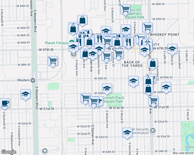 map of restaurants, bars, coffee shops, grocery stores, and more near 4858 South Winchester Avenue in Chicago