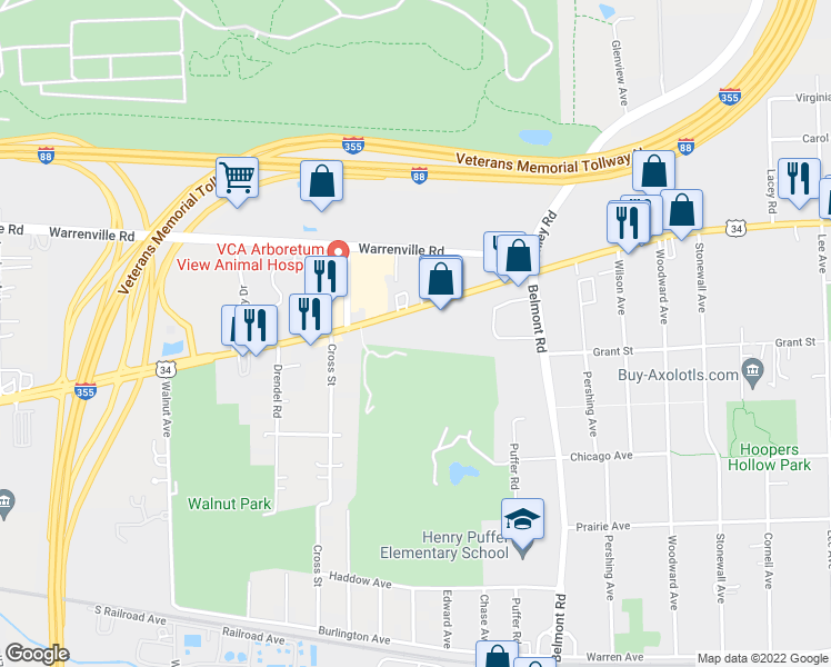 map of restaurants, bars, coffee shops, grocery stores, and more near 2343 Ogden Avenue in Downers Grove