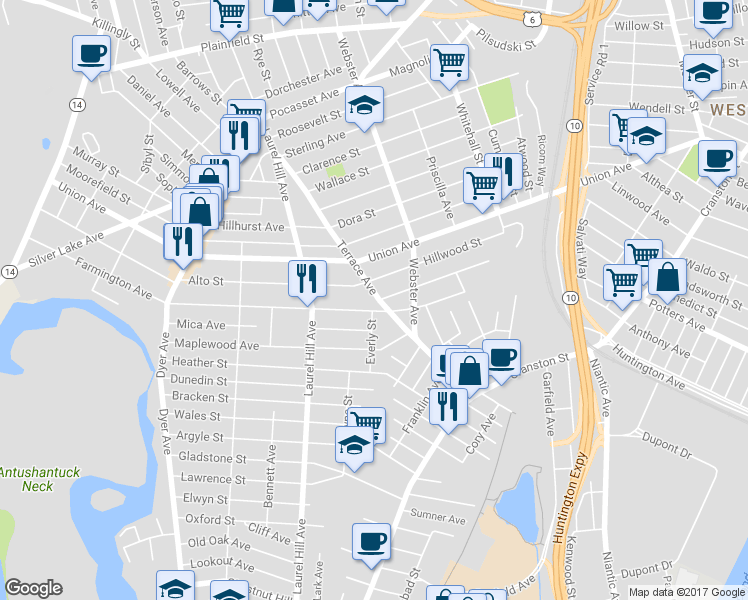 map of restaurants, bars, coffee shops, grocery stores, and more near 175 Terrace Avenue in Cranston