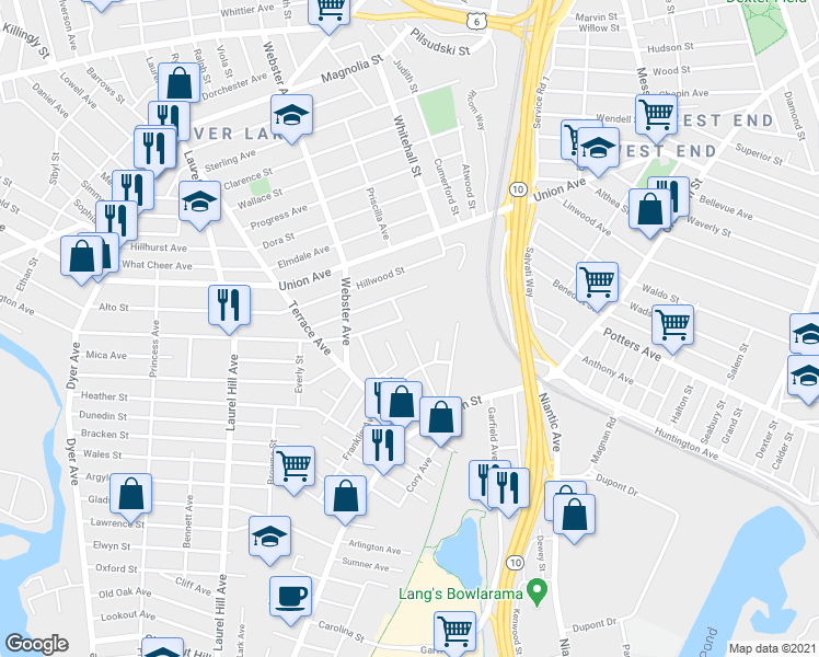 map of restaurants, bars, coffee shops, grocery stores, and more near 87 Grant Avenue in Cranston