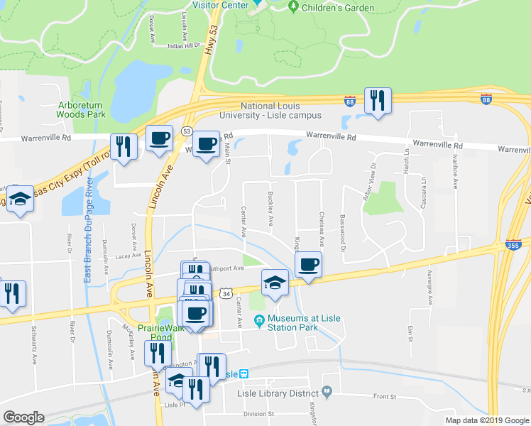 map of restaurants, bars, coffee shops, grocery stores, and more near 4416 Buckley Avenue in Lisle