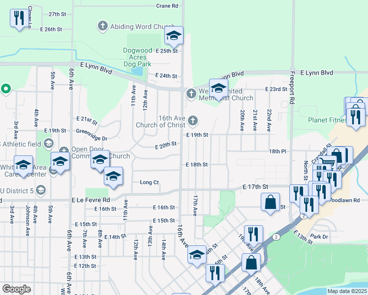 map of restaurants, bars, coffee shops, grocery stores, and more near 1816 16th Avenue in Sterling