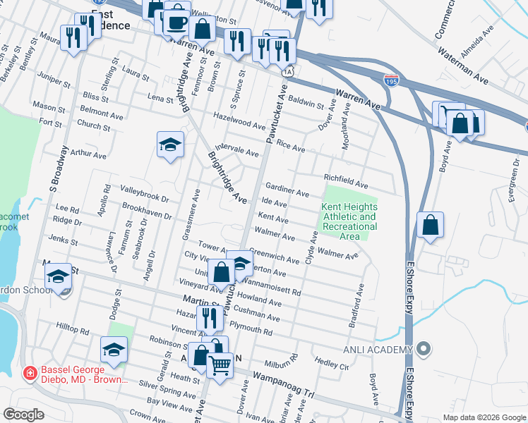 map of restaurants, bars, coffee shops, grocery stores, and more near 30 Kent Avenue in East Providence