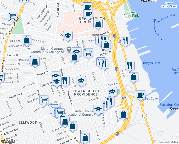 map of restaurants, bars, coffee shops, grocery stores, and more near 47 Trask Street in Providence