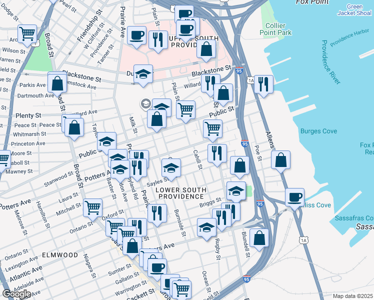 map of restaurants, bars, coffee shops, grocery stores, and more near 47 Trask Street in Providence