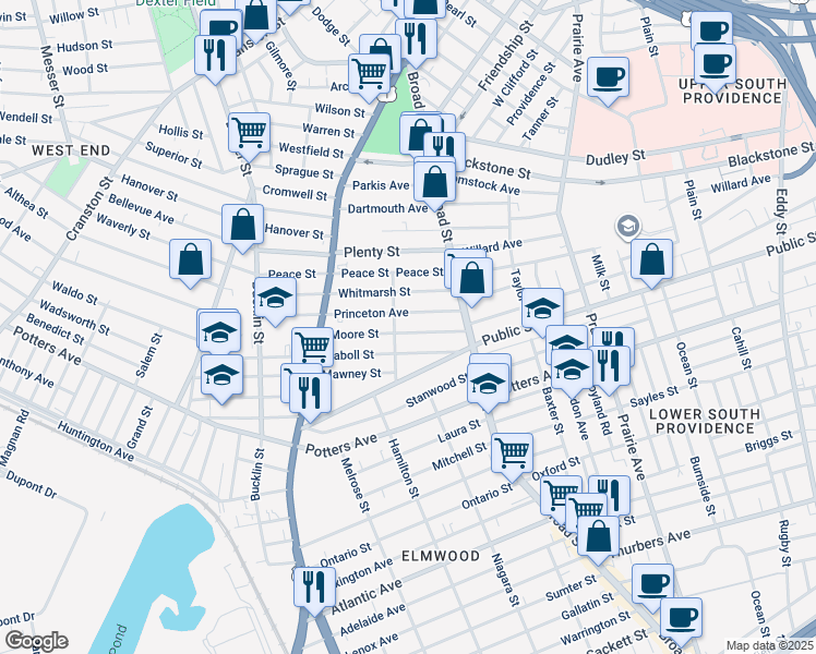 map of restaurants, bars, coffee shops, grocery stores, and more near 73 Moore Street in Providence