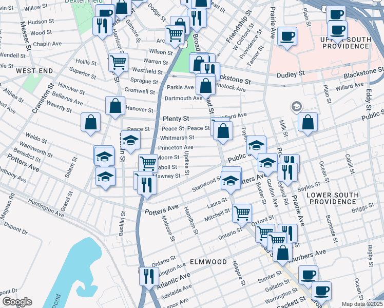 map of restaurants, bars, coffee shops, grocery stores, and more near 73 Moore Street in Providence