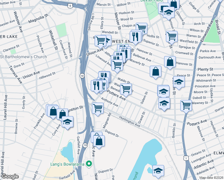 map of restaurants, bars, coffee shops, grocery stores, and more near 89 Benedict Street in Providence