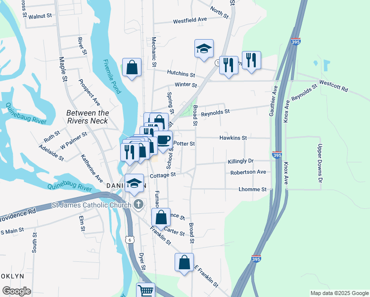 map of restaurants, bars, coffee shops, grocery stores, and more near 130 School Street in Killingly