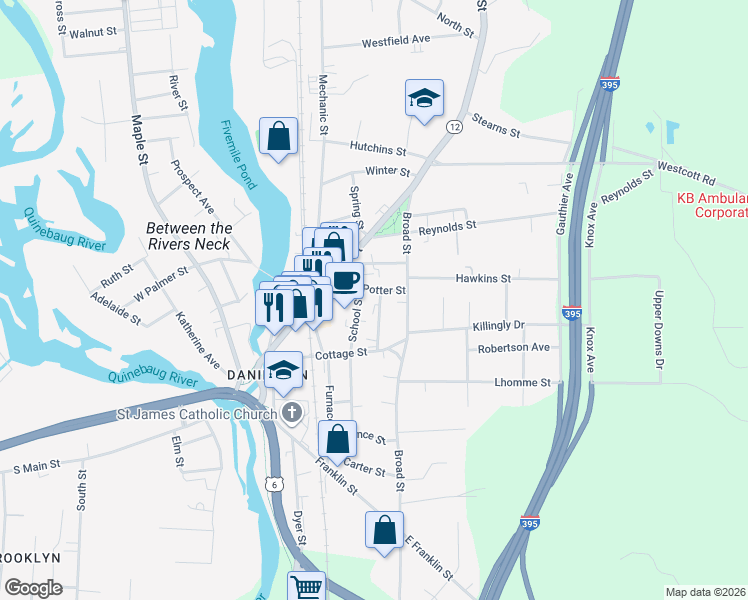 map of restaurants, bars, coffee shops, grocery stores, and more near 130 School Street in Killingly