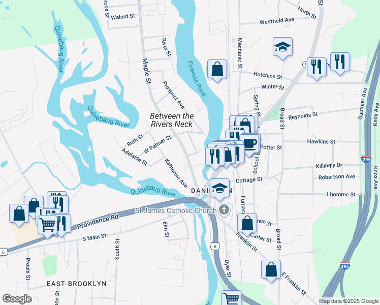 map of restaurants, bars, coffee shops, grocery stores, and more near 12 Griffiths Street in Killingly