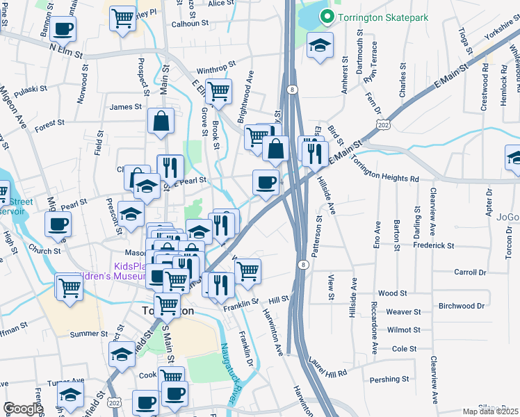 map of restaurants, bars, coffee shops, grocery stores, and more near 36 Brookside Avenue in Torrington
