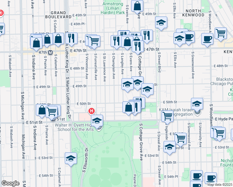 map of restaurants, bars, coffee shops, grocery stores, and more near 4926 South Champlain Avenue in Chicago