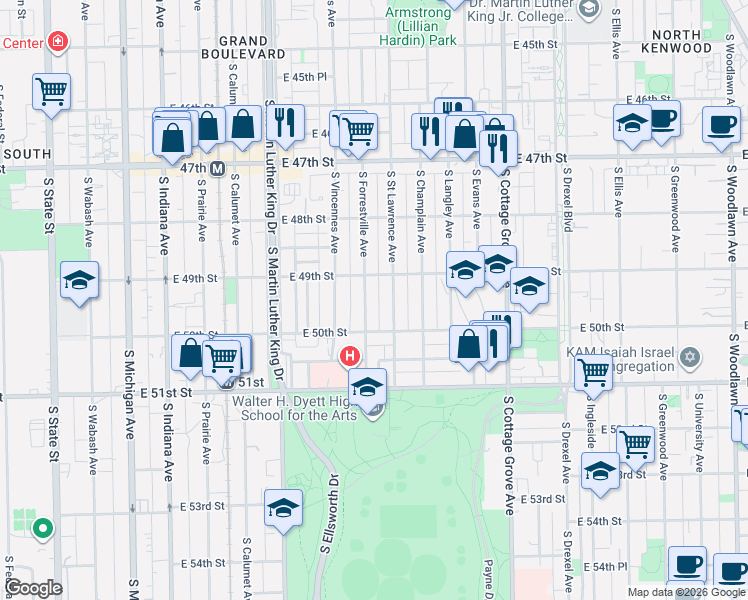 map of restaurants, bars, coffee shops, grocery stores, and more near 4925 South Forrestville Avenue in Chicago