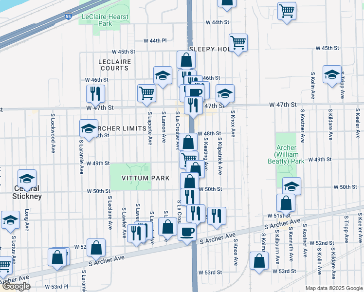 map of restaurants, bars, coffee shops, grocery stores, and more near 4825 South La Crosse Avenue in Chicago