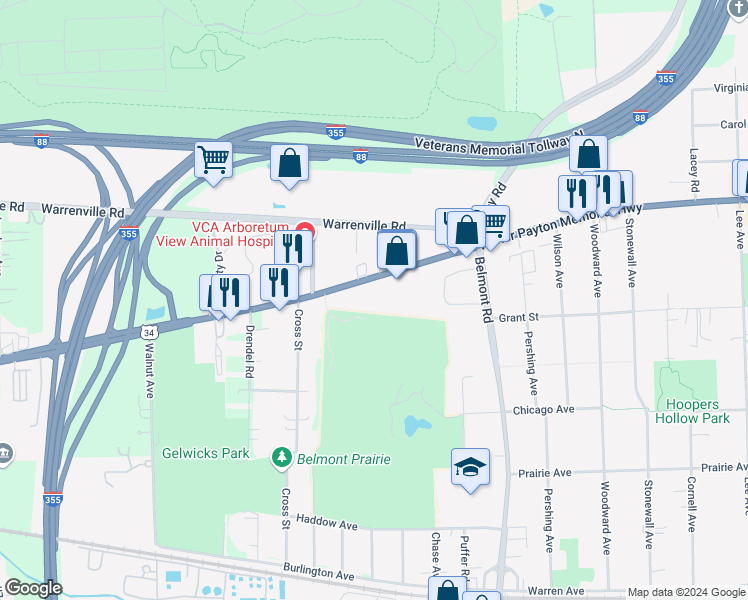 map of restaurants, bars, coffee shops, grocery stores, and more near 2343 Ogden Avenue in Downers Grove