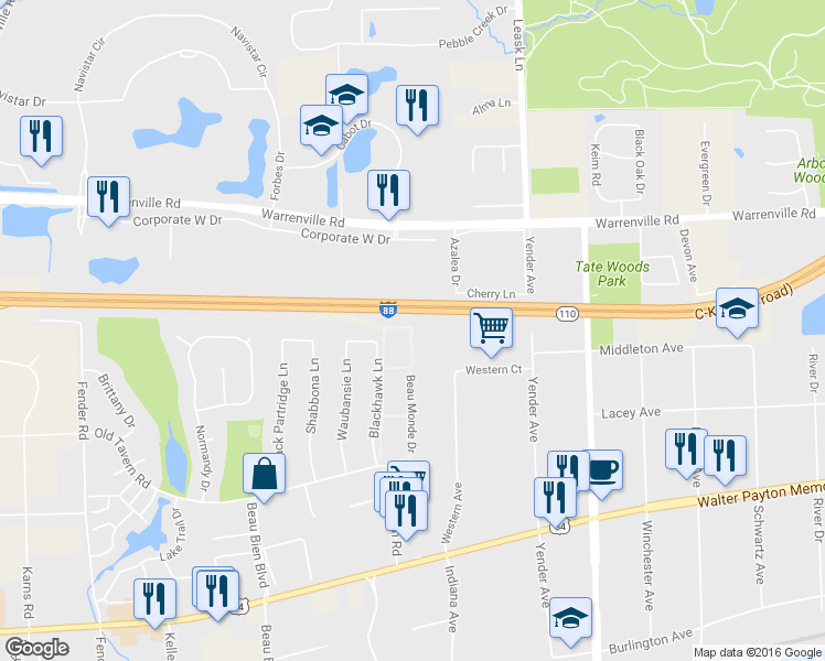 map of restaurants, bars, coffee shops, grocery stores, and more near 4418 Beau Monde Drive in Lisle