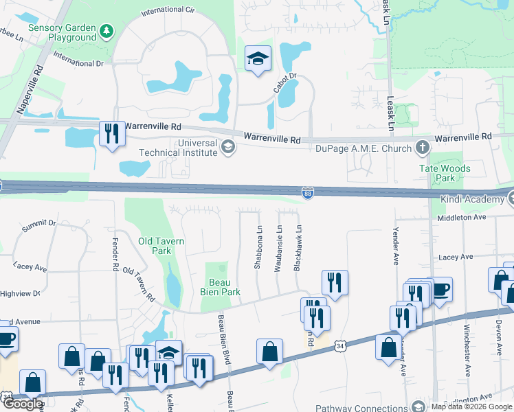 map of restaurants, bars, coffee shops, grocery stores, and more near 4403 Shabbona Lane in Lisle