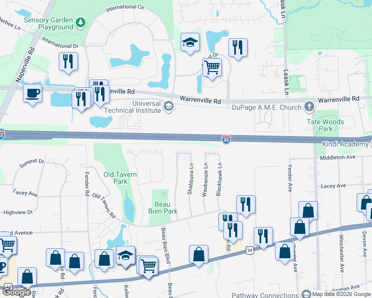 map of restaurants, bars, coffee shops, grocery stores, and more near 4403 Shabbona Lane in Lisle