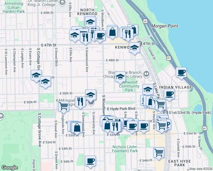 map of restaurants, bars, coffee shops, grocery stores, and more near 4930 South Woodlawn Avenue in Chicago