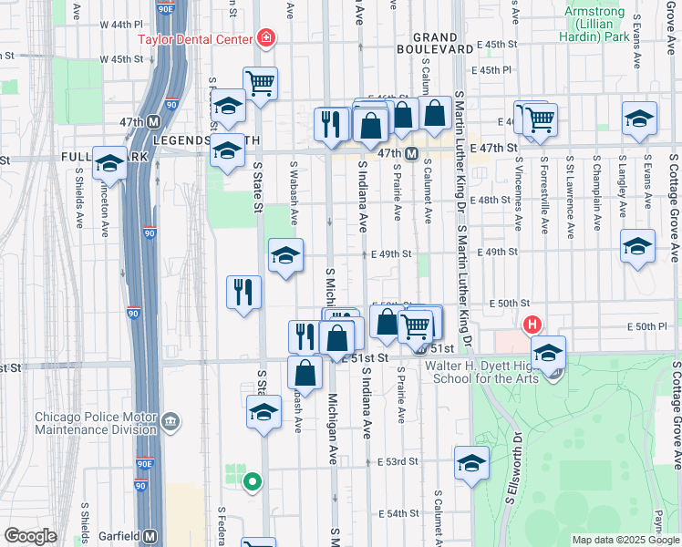 map of restaurants, bars, coffee shops, grocery stores, and more near 4921 South Michigan Avenue in Chicago